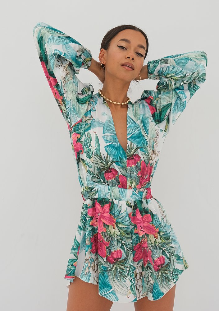 Isani - leaves printed satin mini jumpsuit