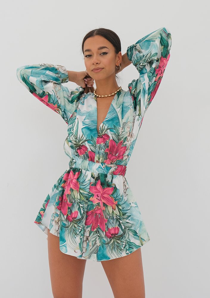 Isani - leaves printed satin mini jumpsuit