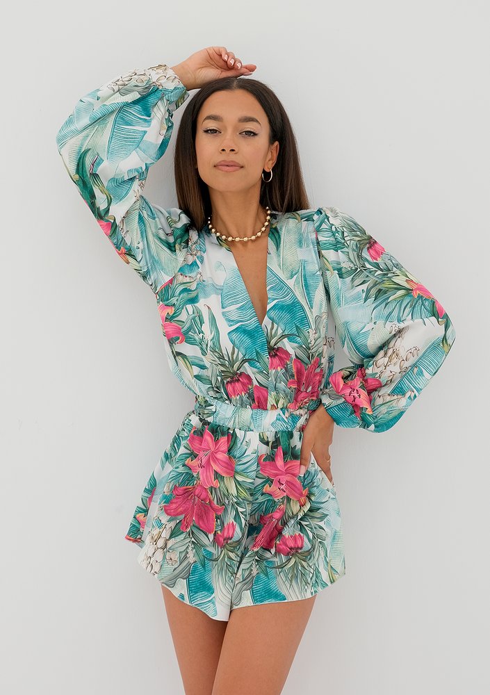 Isani - leaves printed satin mini jumpsuit