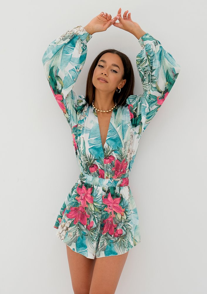 Isani - leaves printed satin mini jumpsuit