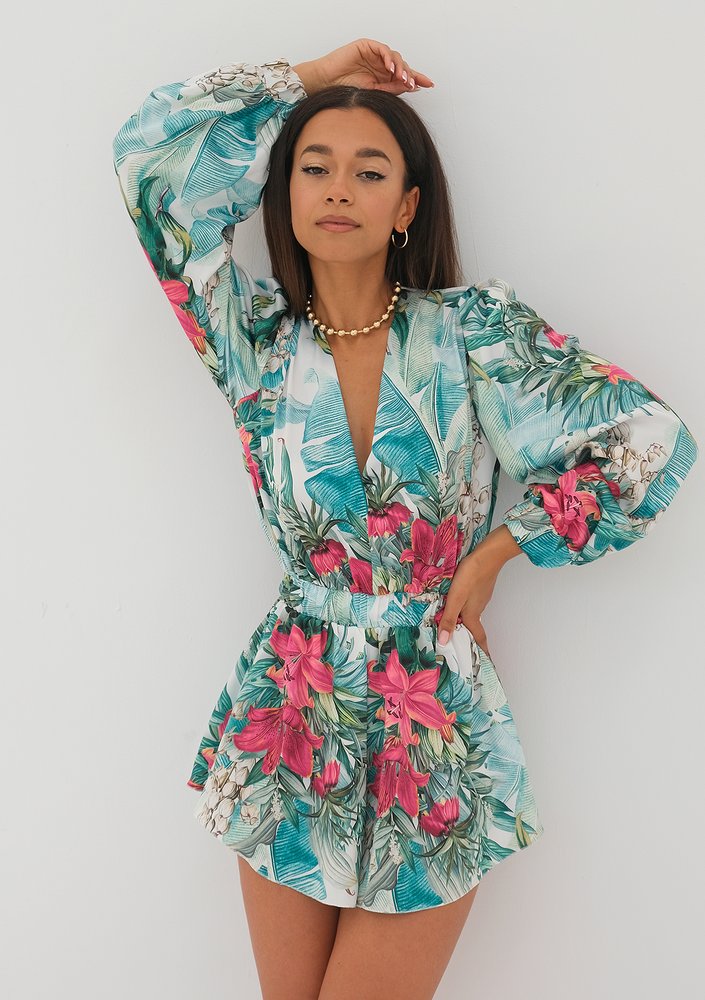 Isani - leaves printed satin mini jumpsuit