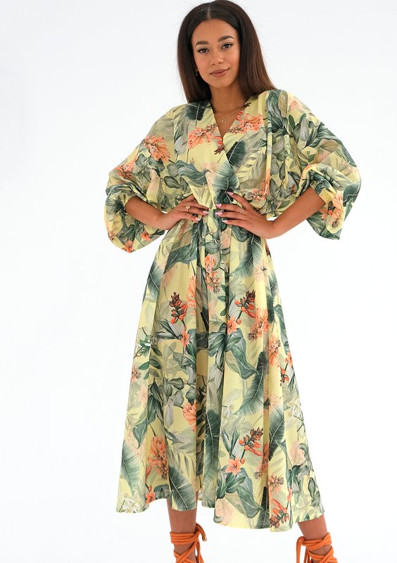 Vera - Leaves printed yellow midi dress