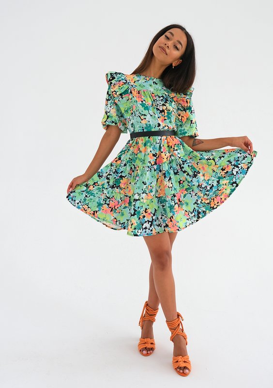 Wendy - Green flowers printed mini dress