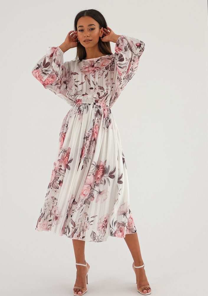 Elvire - white chiffon midi dress with a peony print