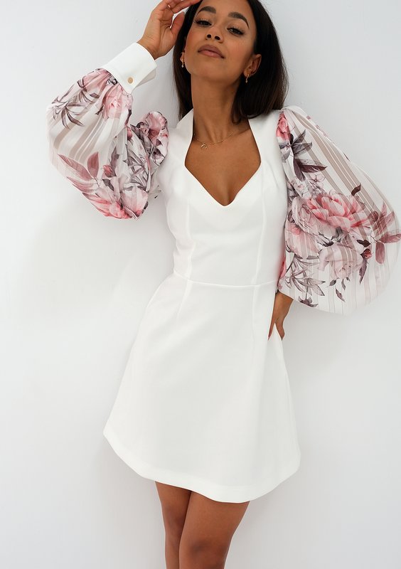 Nadia - Ecru mini dress with a peony printed sleeves