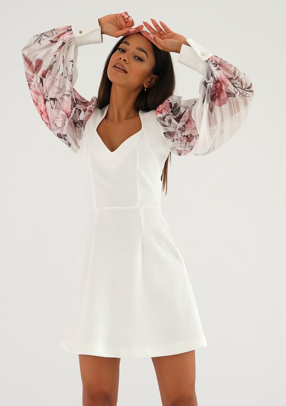 Nadia - Ecru mini dress with a peony printed sleeves