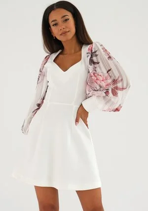 Nadia - Ecru mini dress with a peony printed sleeves