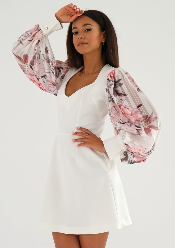 Nadia - Ecru mini dress with a peony printed sleeves