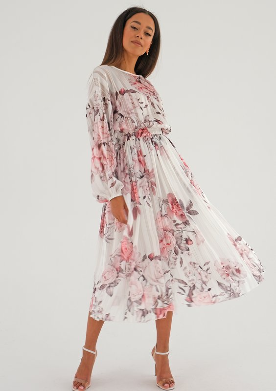 Elvire - white chiffon midi dress with a peony print