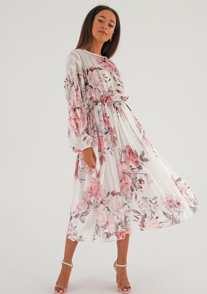Elvire - white chiffon midi dress with a peony print