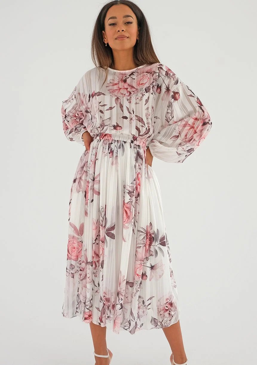 Elvire - white chiffon midi dress with a peony print