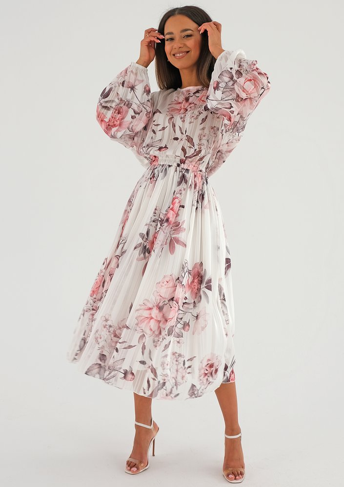 Elvire - white chiffon midi dress with a peony print