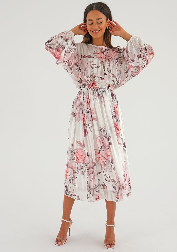 Elvire - white chiffon midi dress with a peony print