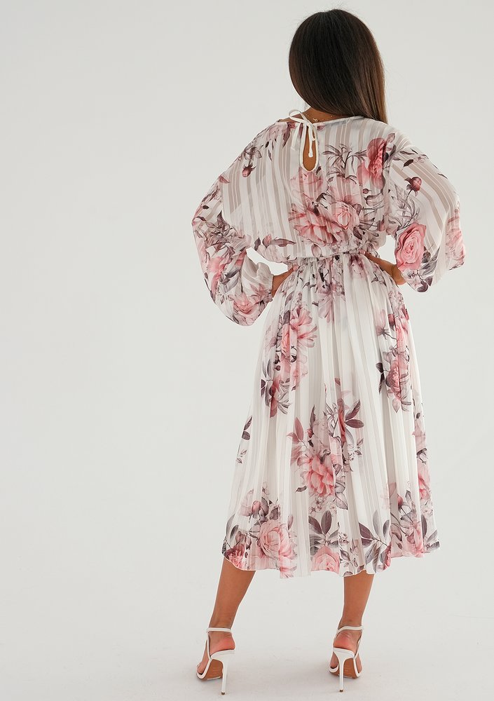 Elvire - white chiffon midi dress with a peony print