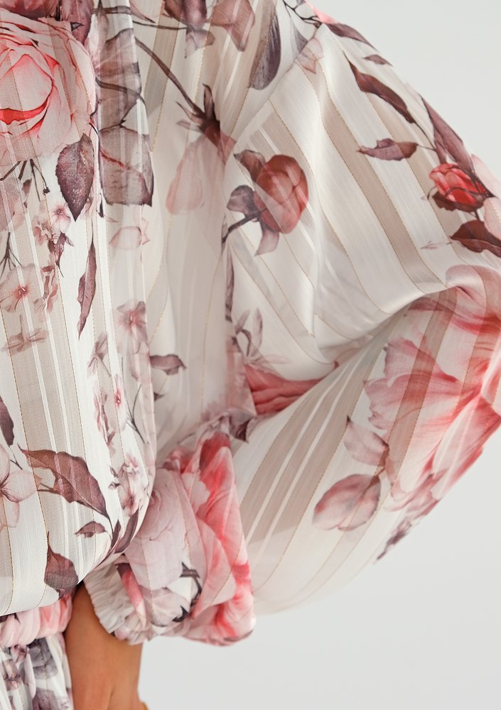 Elvire - white chiffon midi dress with a peony print