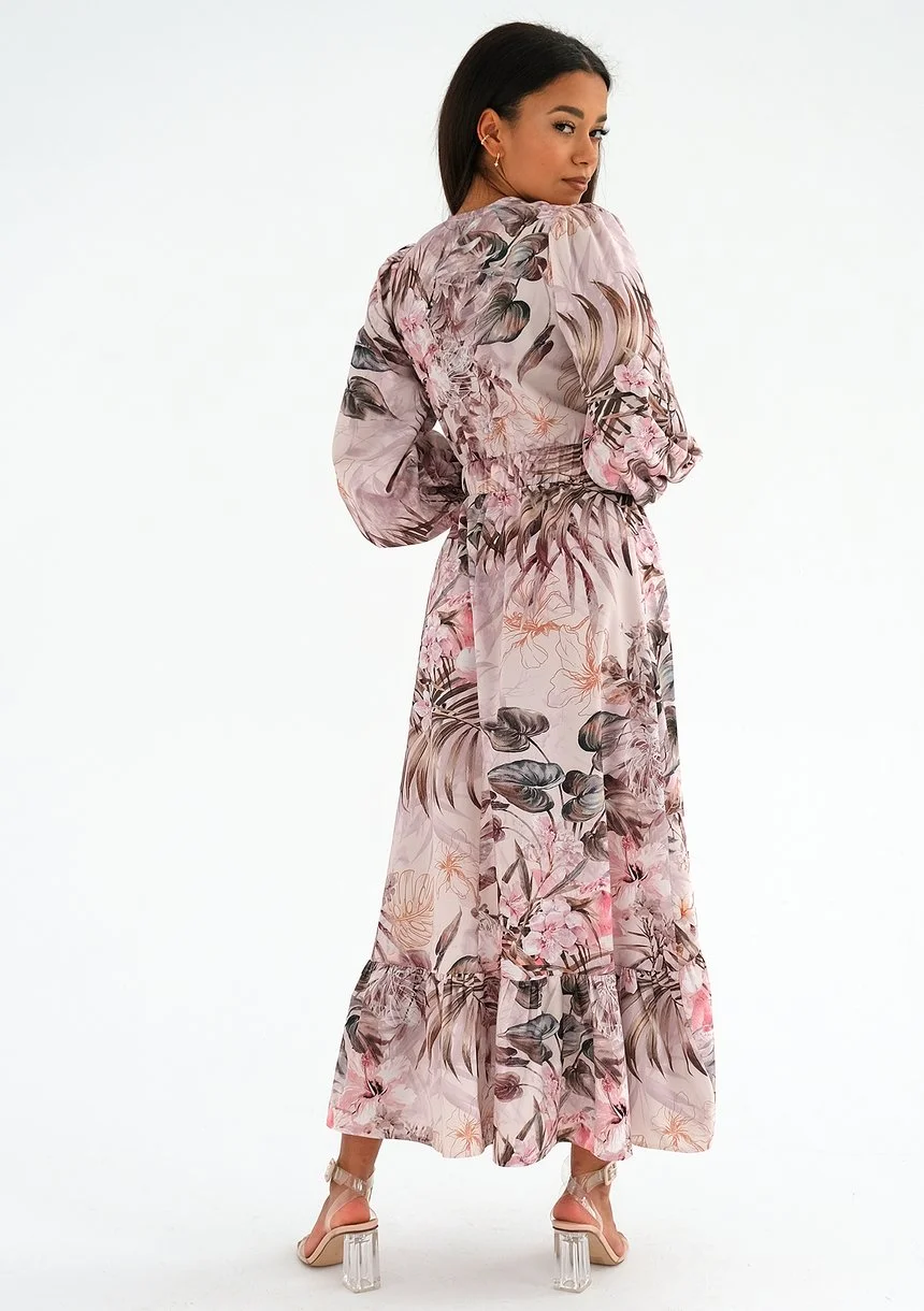 Valeria - Sukienka midi z falbaną Pink Flowers