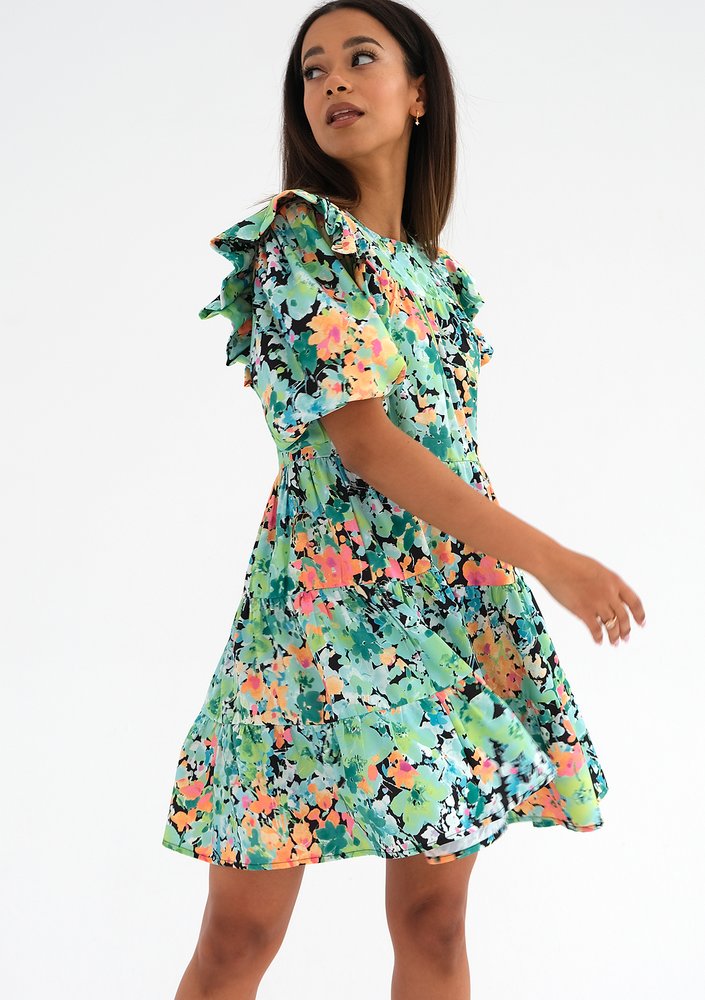 Wendy - Green flowers printed mini dress