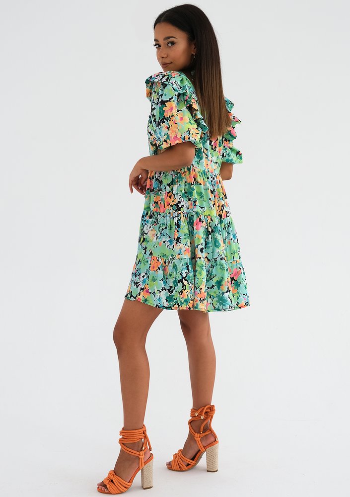 Wendy - Green flowers printed mini dress