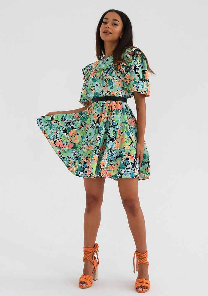 Wendy - Green flowers printed mini dress