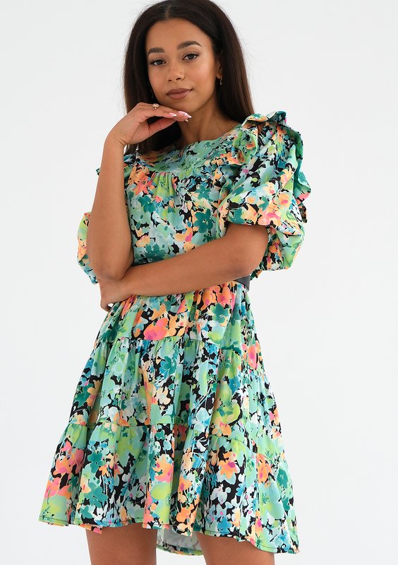Wendy - Green flowers printed mini dress