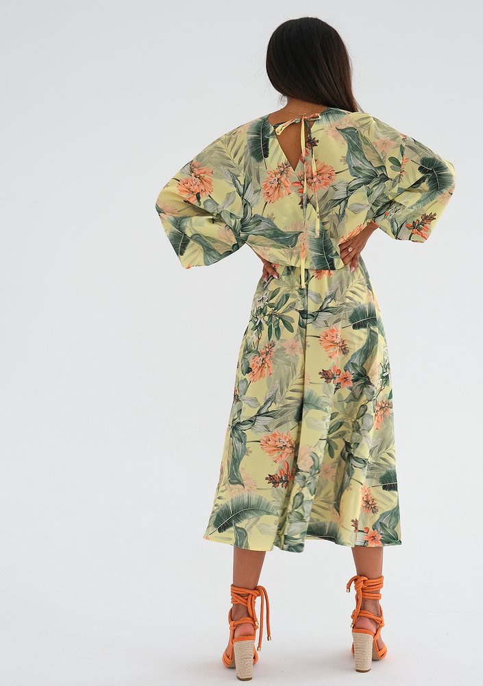 Vera - Leaves printed yellow midi dress