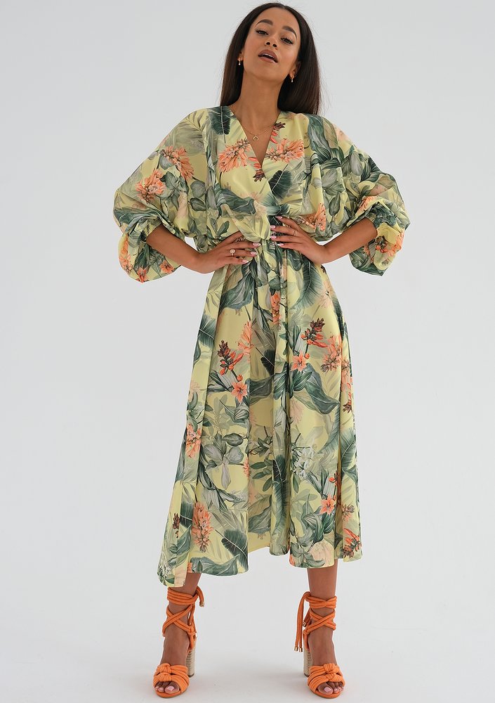 Vera - Leaves printed yellow midi dress