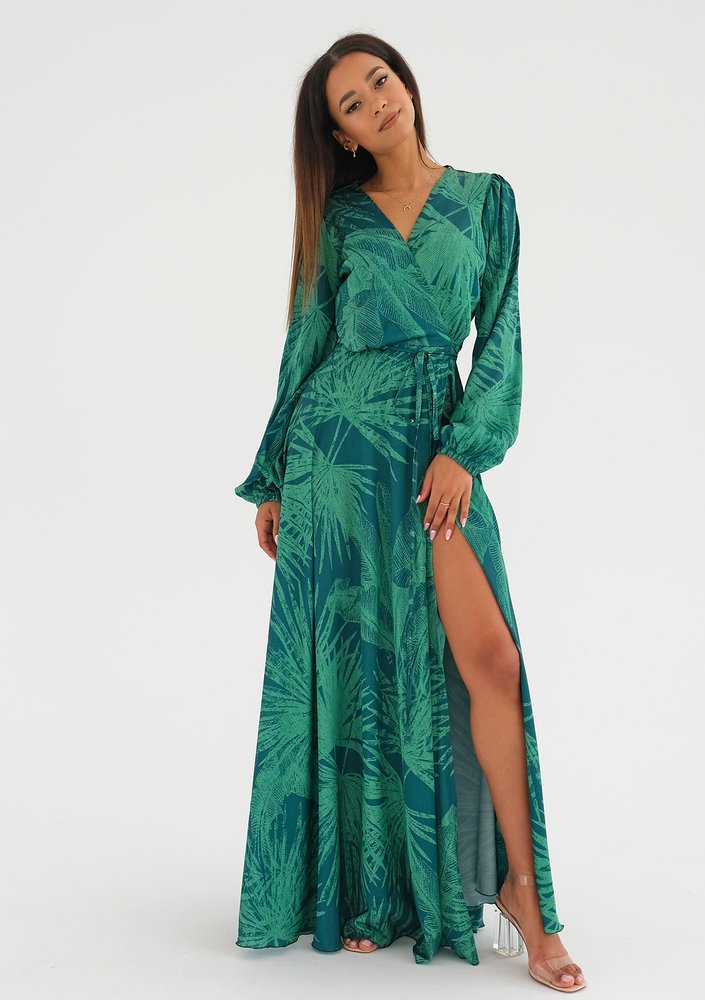 Zoe - Palm leaves printed maxi wrap dress