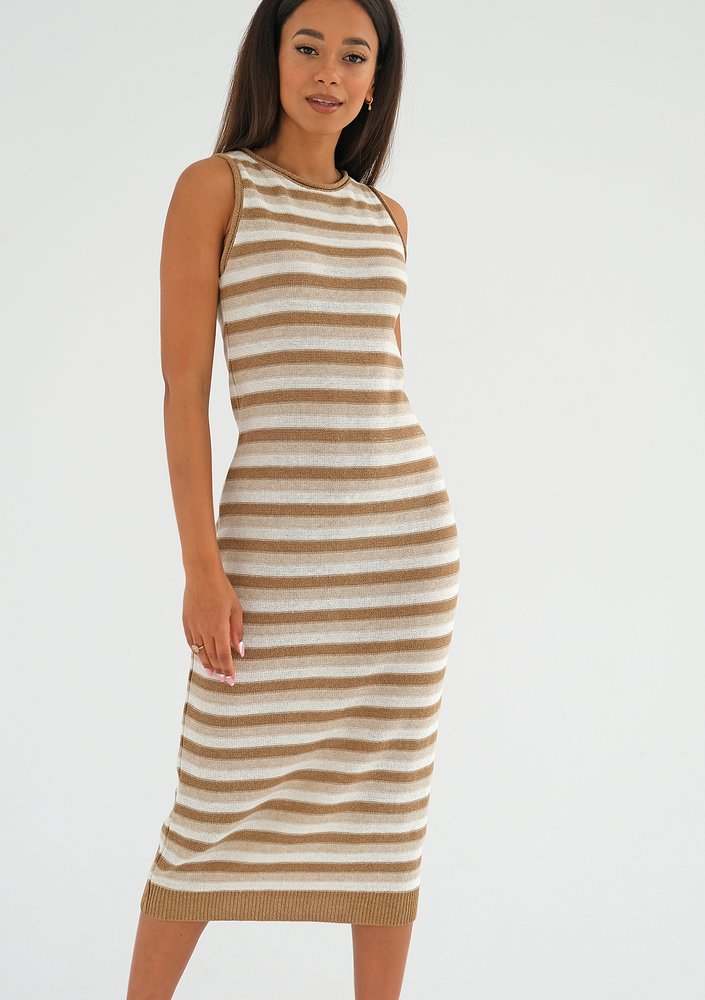 Erin - Knitted latte beige cotton striped dress