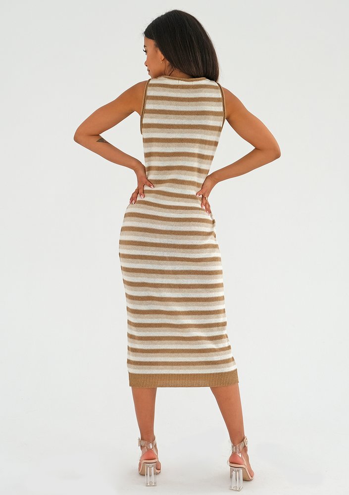 Erin - Knitted latte beige cotton striped dress
