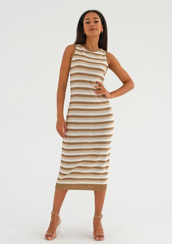 Erin - Knitted latte beige cotton striped dress