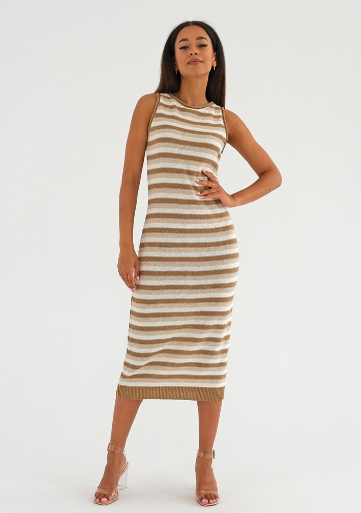 Erin - Knitted latte beige cotton striped dress