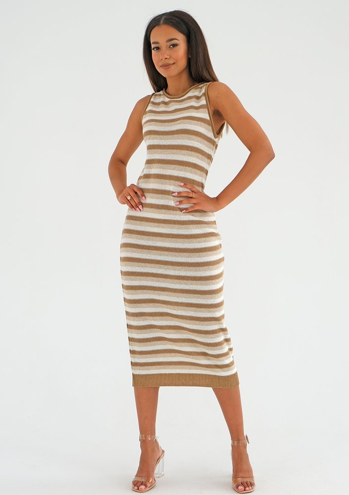 Erin - Knitted latte beige cotton striped dress