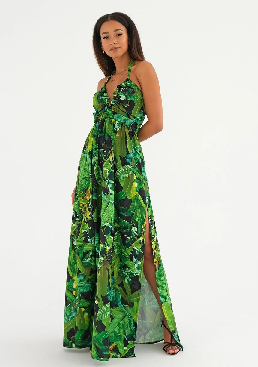 Lana - Green leaves printed maxi dress