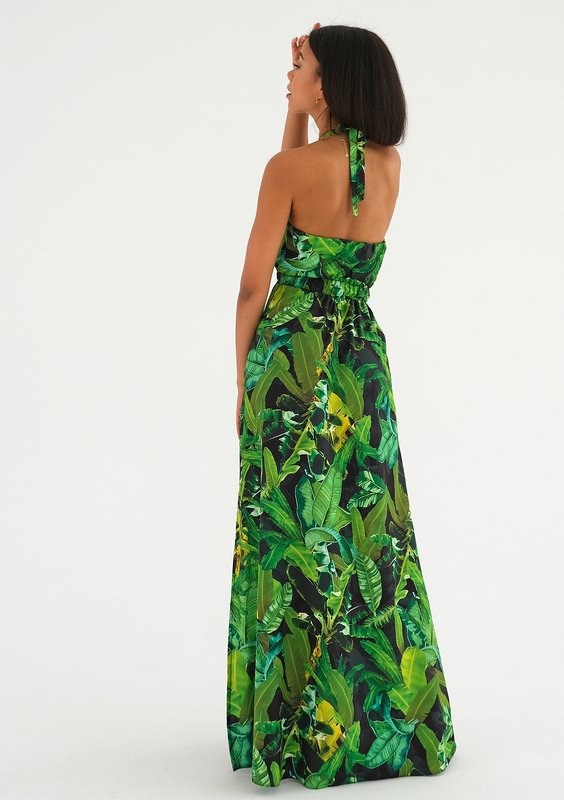 Lana - Green leaves printed maxi dress