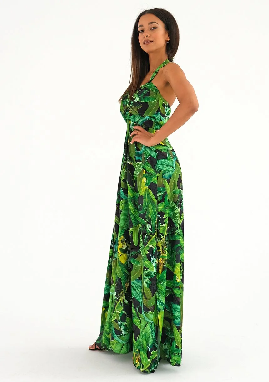 Lana - Green leaves printed maxi dress