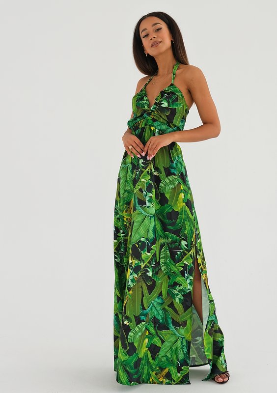 Lana - Sukienka maxi Green Leaves