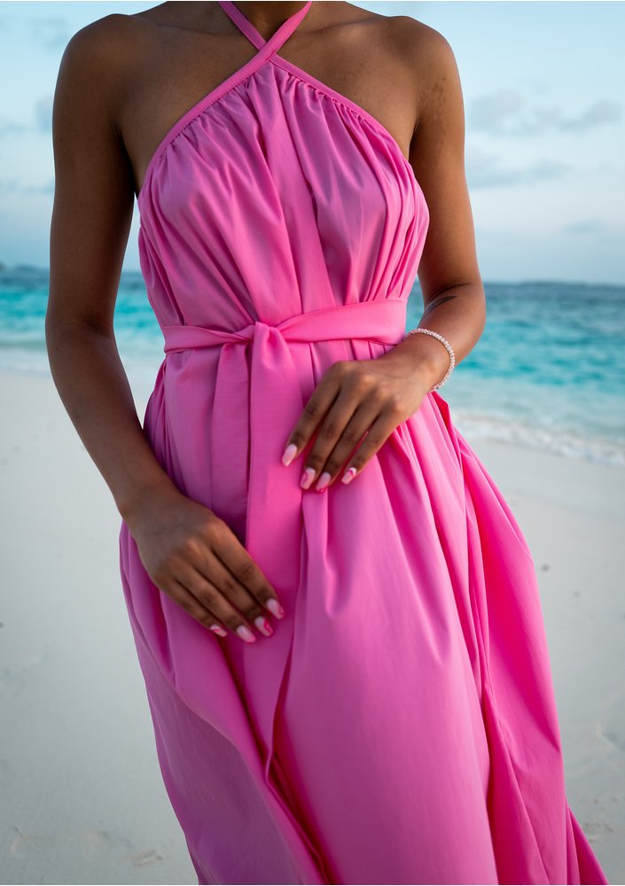 Joly - Sukienka midi z falbanką Różowa