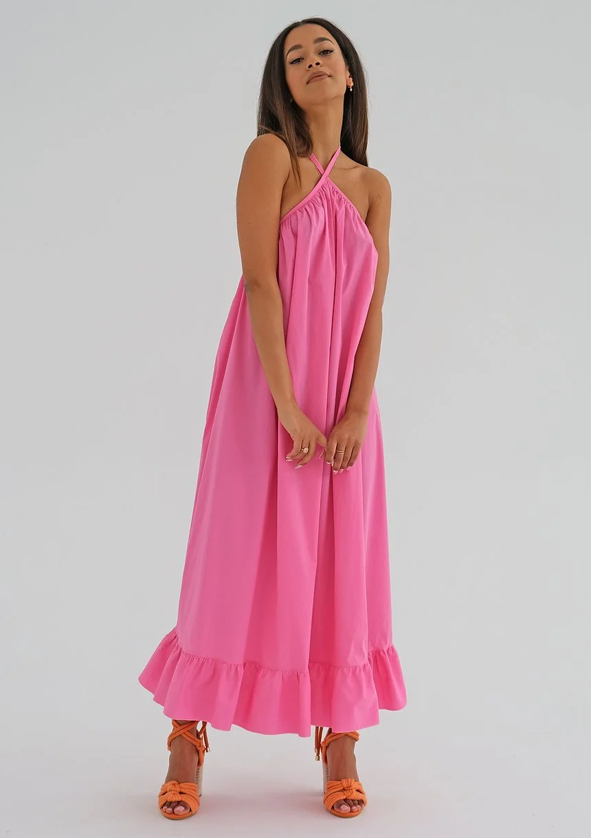Joly - Sukienka midi z falbanką Różowa
