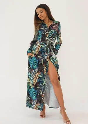Sofia - Sukienka koszulowa maxi Leaves Print