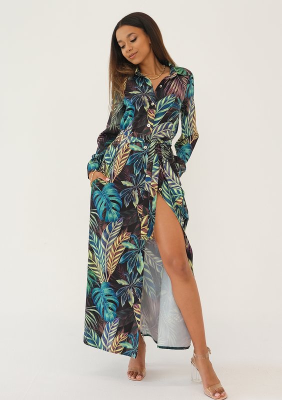 Sofia - Leaves printed maxi shirt dress