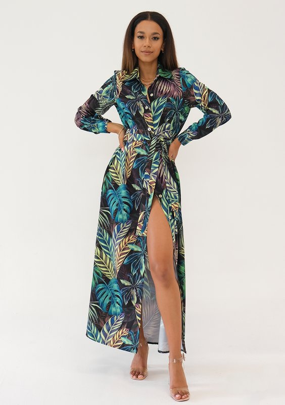 Sofia - Sukienka koszulowa maxi Leaves Print