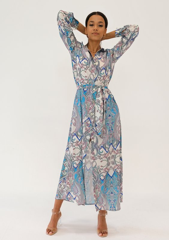 Sofia - Blue printed maxi shirt dress