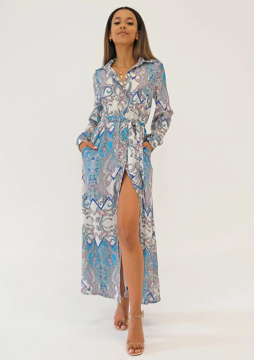 Sofia - Blue printed maxi shirt dress