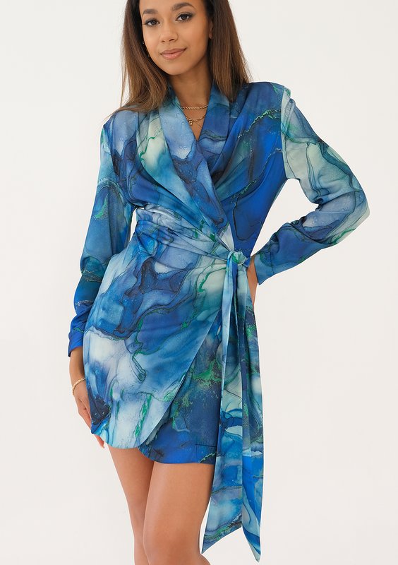 Rosie - Blue printed mini wrap dress