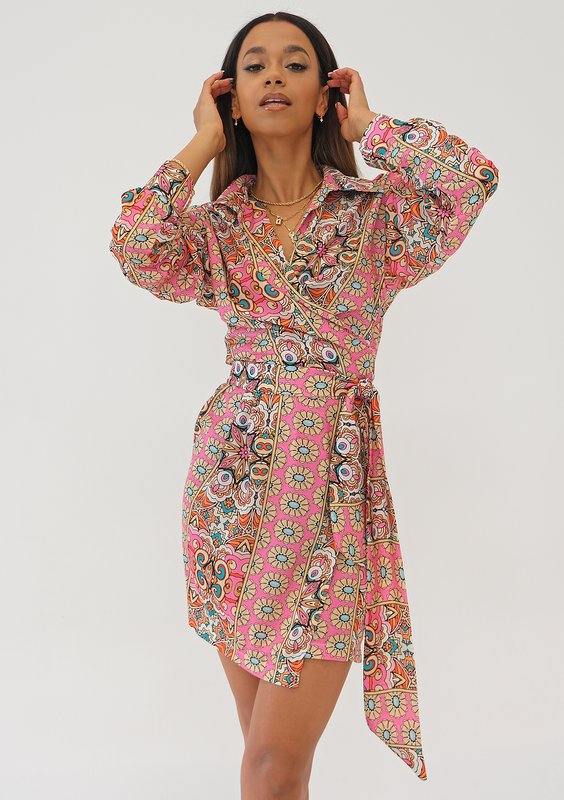 Suzie - Pink printed mini wrap dress