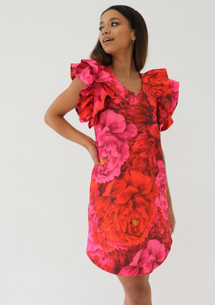 Diana - Red floral mini dress with frills