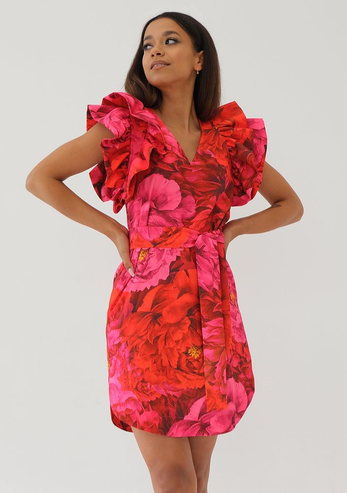 Diana - Red floral mini dress with frills