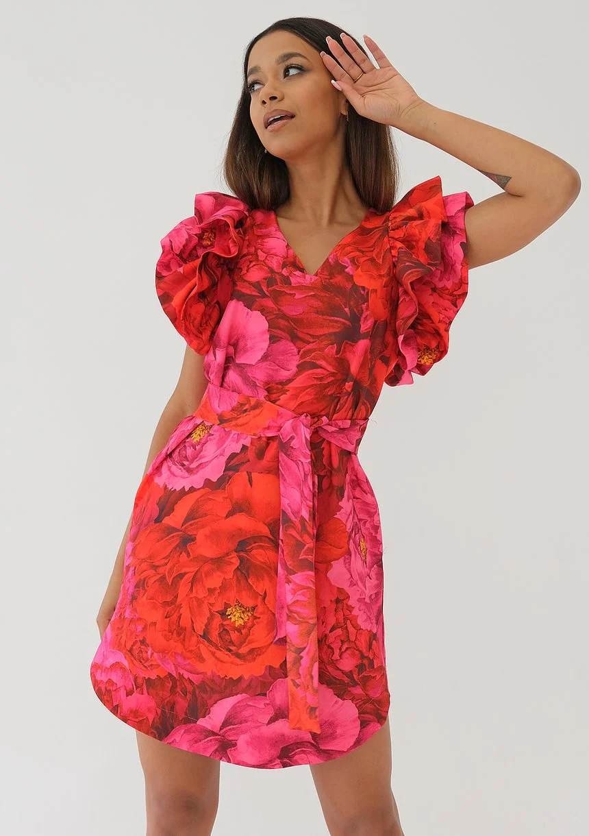 Diana - Red floral mini dress with frills