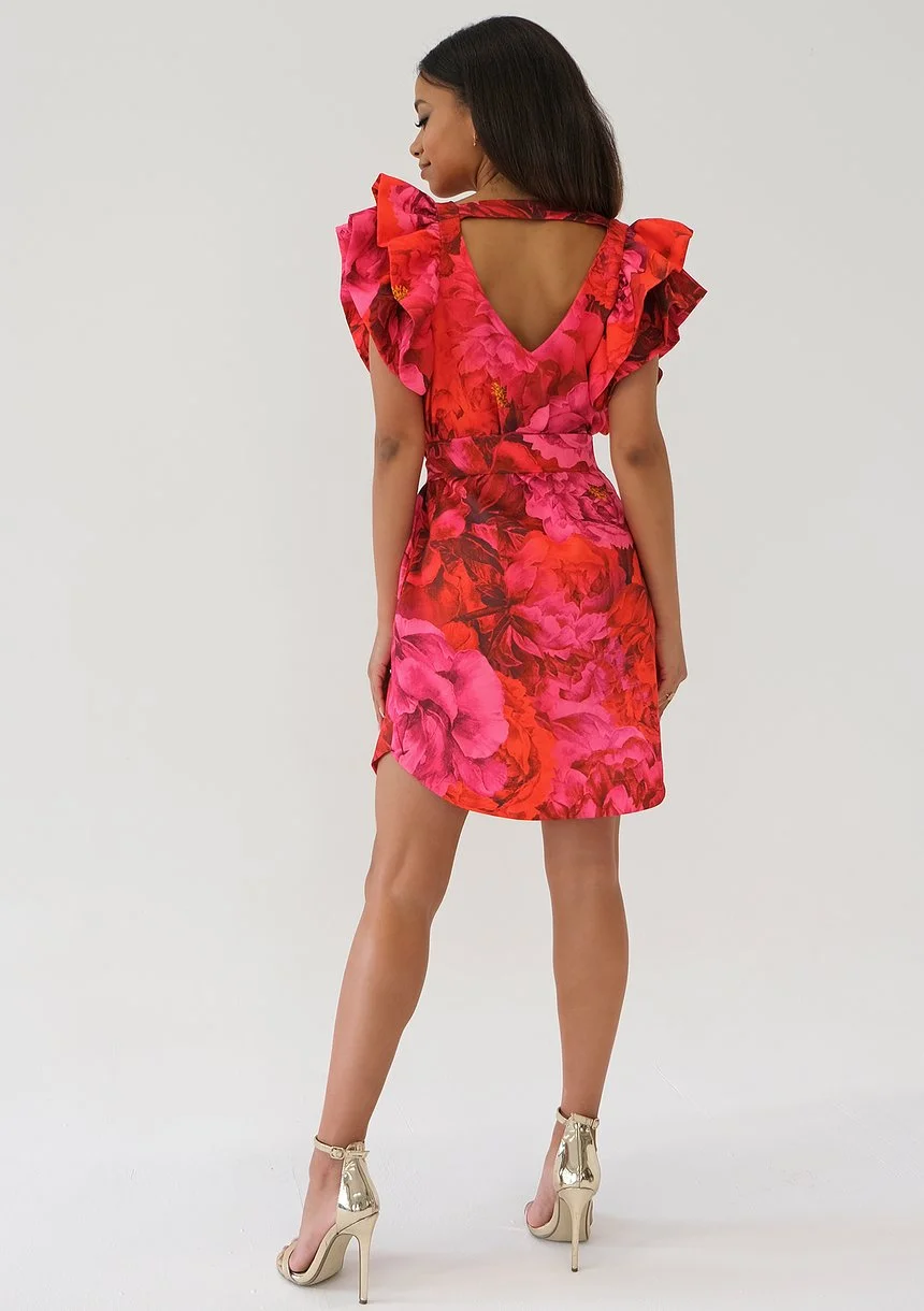 Diana - Red floral mini dress with frills