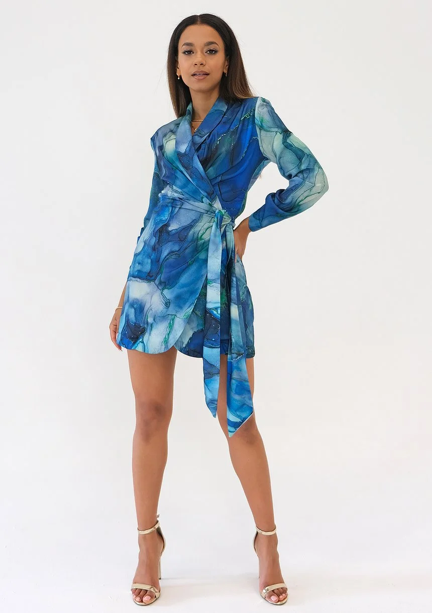 Rosie - Blue printed mini wrap dress